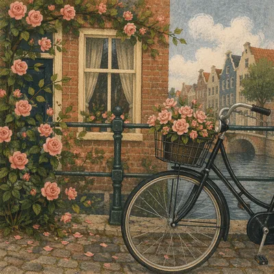 Vintage Bicycle with Flowers by Canal Bridge