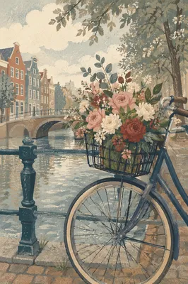 Vintage Bicycle with Flowers on Canal Bridge