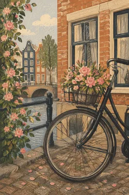 Vintage Bicycle with Flowers by Canal Bridge