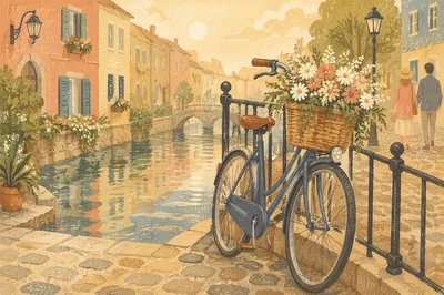 Vintage Bicycle on Canal Bridge at Dawn