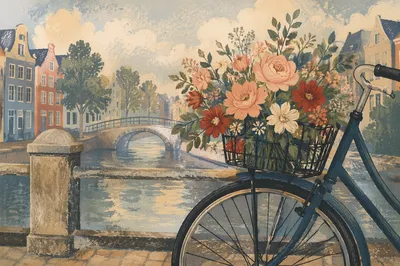 Vintage Bicycle with Flowers on Canal Bridge