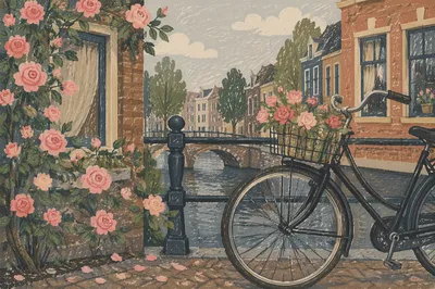 Vintage Bicycle with Flowers by Canal Bridge