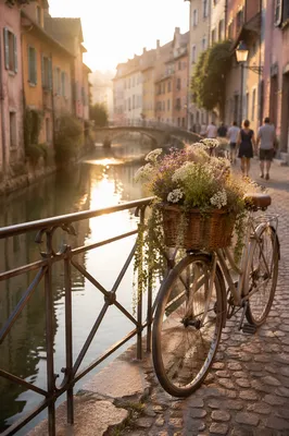 Vintage Bicycle on Canal Bridge at Dawn