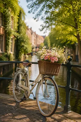 Romantic Bicycle on Canal Bridge with Flowers