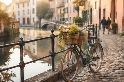 Vintage Bicycle by Canal Bridge at Sunrise