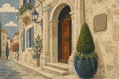 Charming Boutique Hotel Entrance with Evergreen Planter