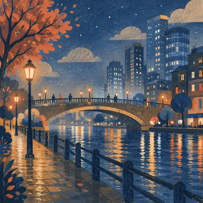 Night Bridge Over River City Lights