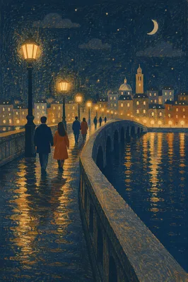 Night Bridge Walk with City Lights