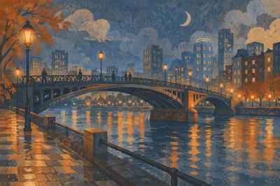 Night Bridge Over River City Lights