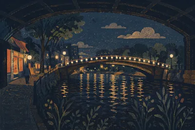 Warm Lit Bridge Over Quiet River