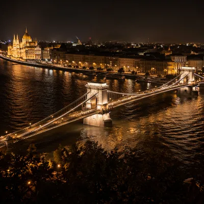 Romantic Night Bridge Over European River