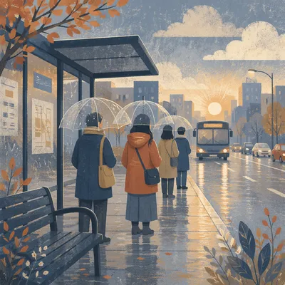 Rainy City Bus Stop at Dawn