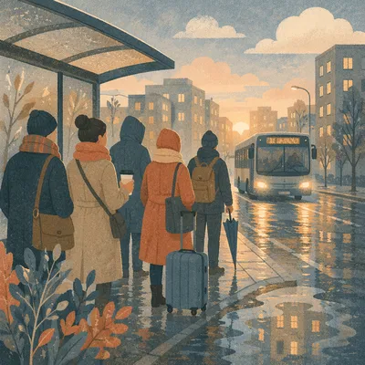 Rainy City Bus Stop Morning Commute