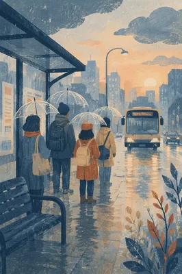 Rainy Morning Commute at City Bus Stop
