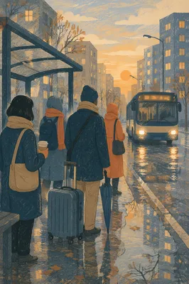 Rainy City Bus Stop at Sunrise