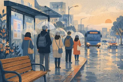 Rainy City Bus Stop at Dawn