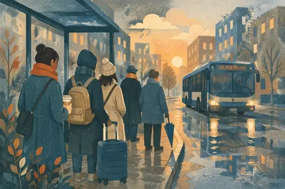 Rainy City Bus Stop Morning Commute