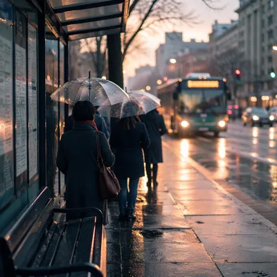 Rainy City Bus Stop at Dawn