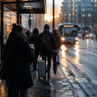 Rainy City Bus Stop Morning Commute