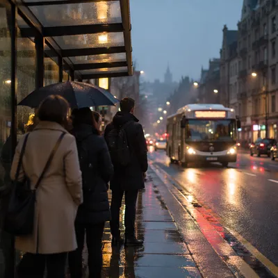 Early Morning City Bus Stop Commute