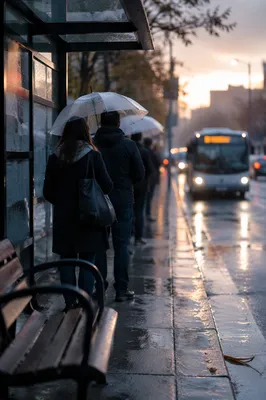 Rainy City Bus Stop Morning Commute