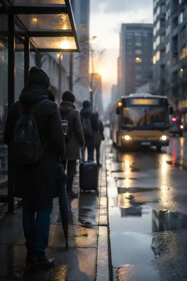 Rainy City Bus Stop Morning Commute
