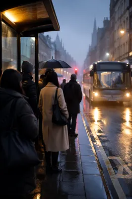 Early Morning City Bus Stop Commute