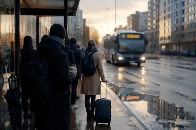 Rainy City Bus Stop Morning Commute