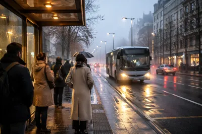 City Bus Stop at Dawn Commute