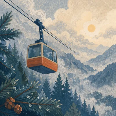 Misty Morning Cable Car Mountain Ascent