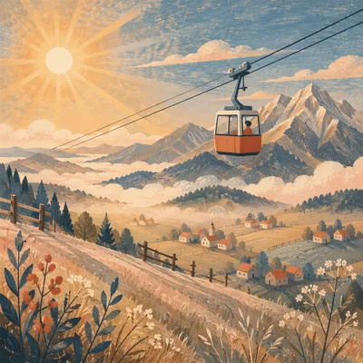 Misty Sunrise Cable Car Mountain Ascent