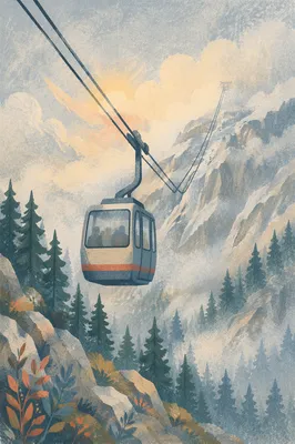 Misty Morning Cable Car Mountain Ascent