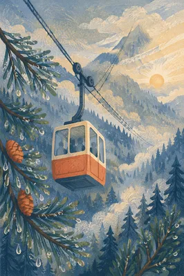 Misty Morning Cable Car Mountain Ascent