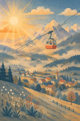 Misty Morning Cable Car Mountain Ascent
