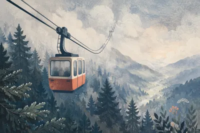 Misty Morning Cable Car Mountain Ascent