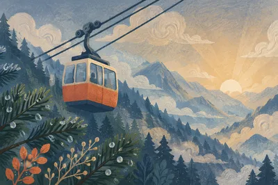 Misty Morning Cable Car Mountain Ascent