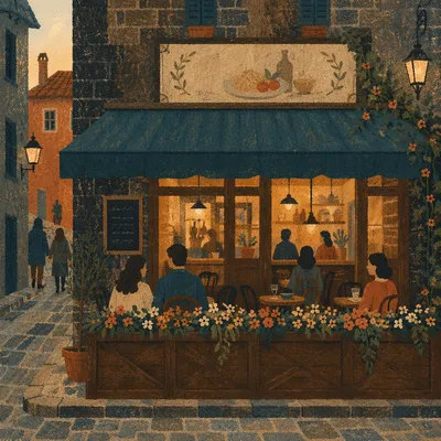 Cozy European Cafe Terrace at Dusk