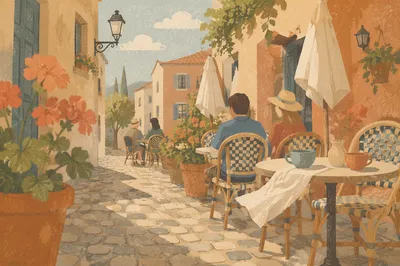 European Cafe Terrace Morning Street Scene