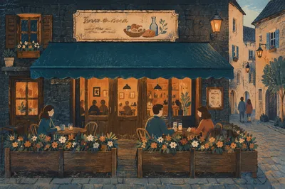 Cozy European Cafe Terrace at Dusk