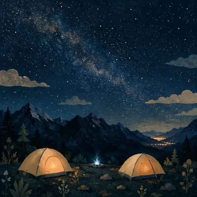 Starry Mountain Campsite With Glowing Tents