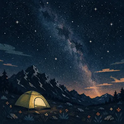 Glowing Tent Beneath Starry Mountain Sky