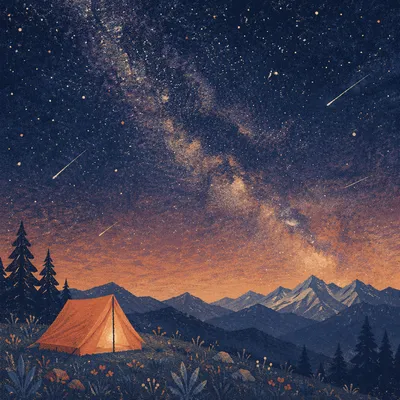 Glowing Alpine Tent Beneath Starry Mountains