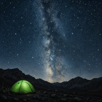 Glowing Green Tent Beneath Alpine Stars