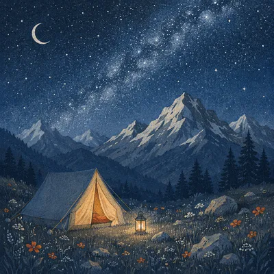 Glowing Tent Beneath Starry Mountain Sky