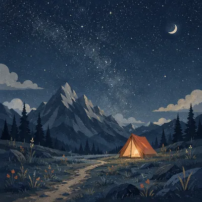 Glowing Camping Tent Beneath Starry Mountains