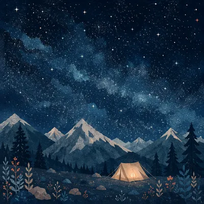 Glowing Camping Tent Beneath Starry Mountains
