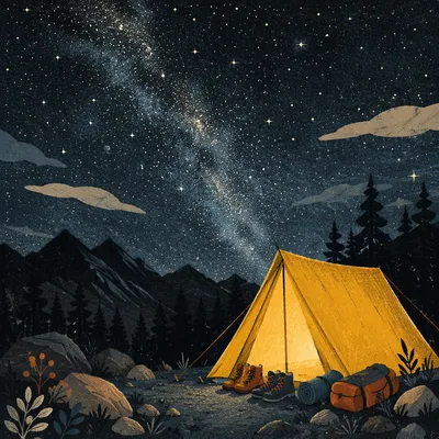 Glowing Camping Tent Beneath Starry Mountains