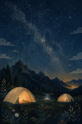 Starry Mountain Campsite with Glowing Tents