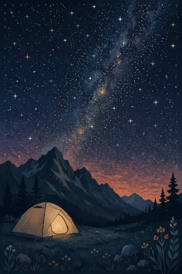 Glowing Tent Beneath Starry Mountain Sky