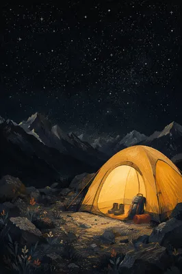 Glowing Tent Beneath Starry Mountain Sky